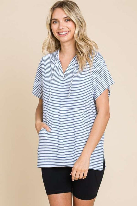 Culture Code Full Size Striped Short Sleeve Hooded Top - S. M. & Co. Shirts & Tops