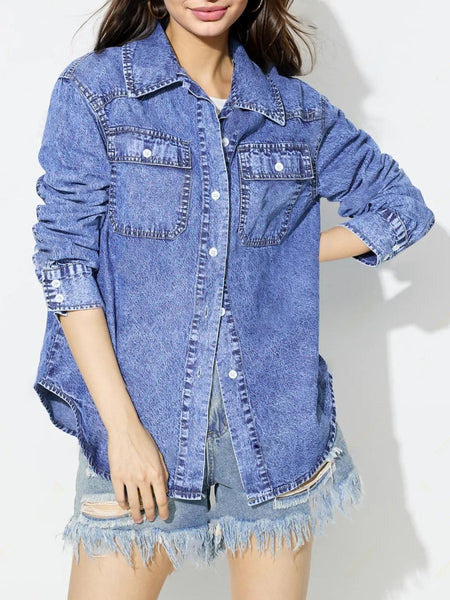 Curved Hem Collared Neck Denim Top - S. M. & Co.