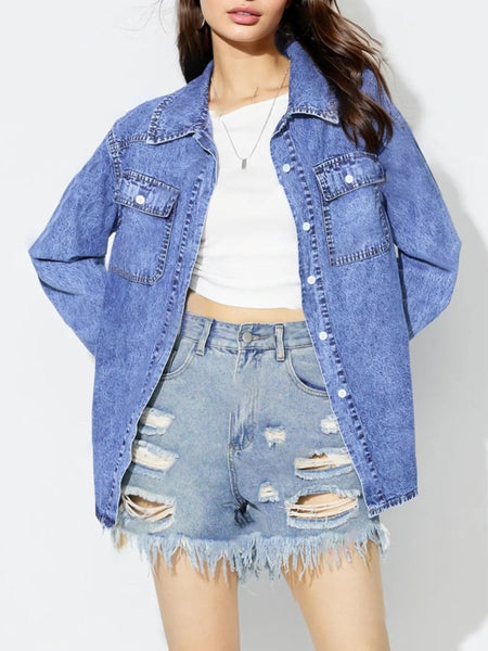 Curved Hem Collared Neck Denim Top - S. M. & Co.