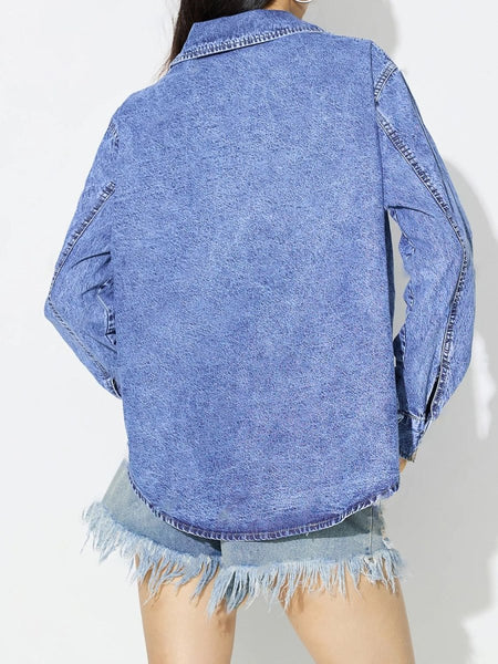 Curved Hem Collared Neck Denim Top - S. M. & Co.