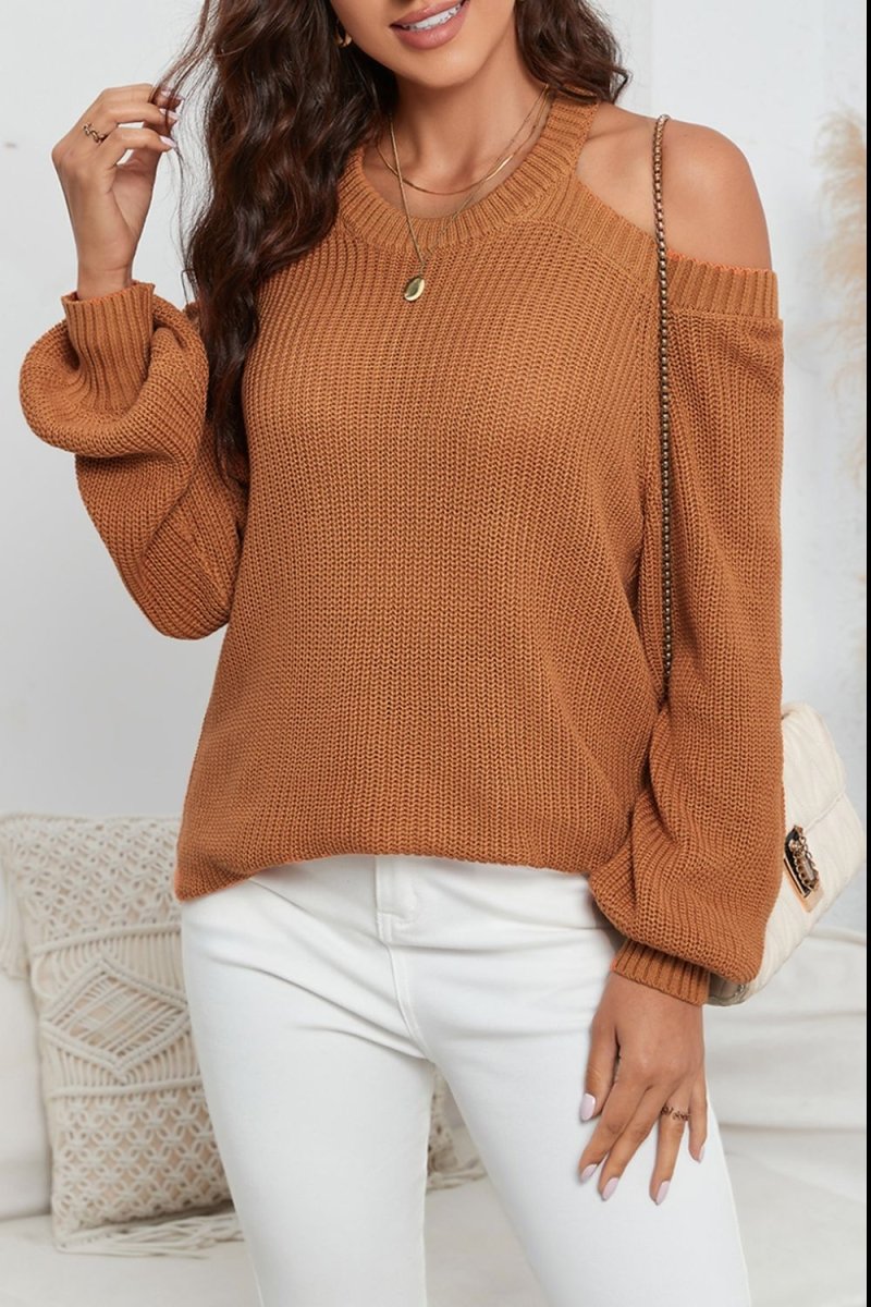 Cutout Back Cold Shoulder Long Sleeve Sweater - S. M. & Co.