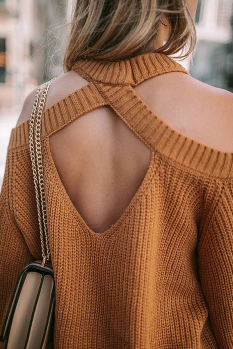 Cutout Back Cold Shoulder Long Sleeve Sweater - S. M. & Co.