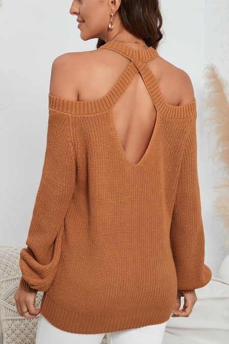 Cutout Back Cold Shoulder Long Sleeve Sweater - S. M. & Co.