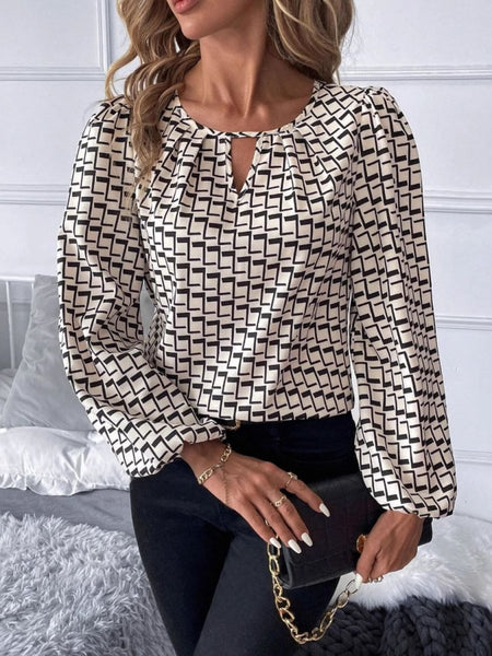 Cutout Printed Long Sleeve Blouse - S. M. & Co.