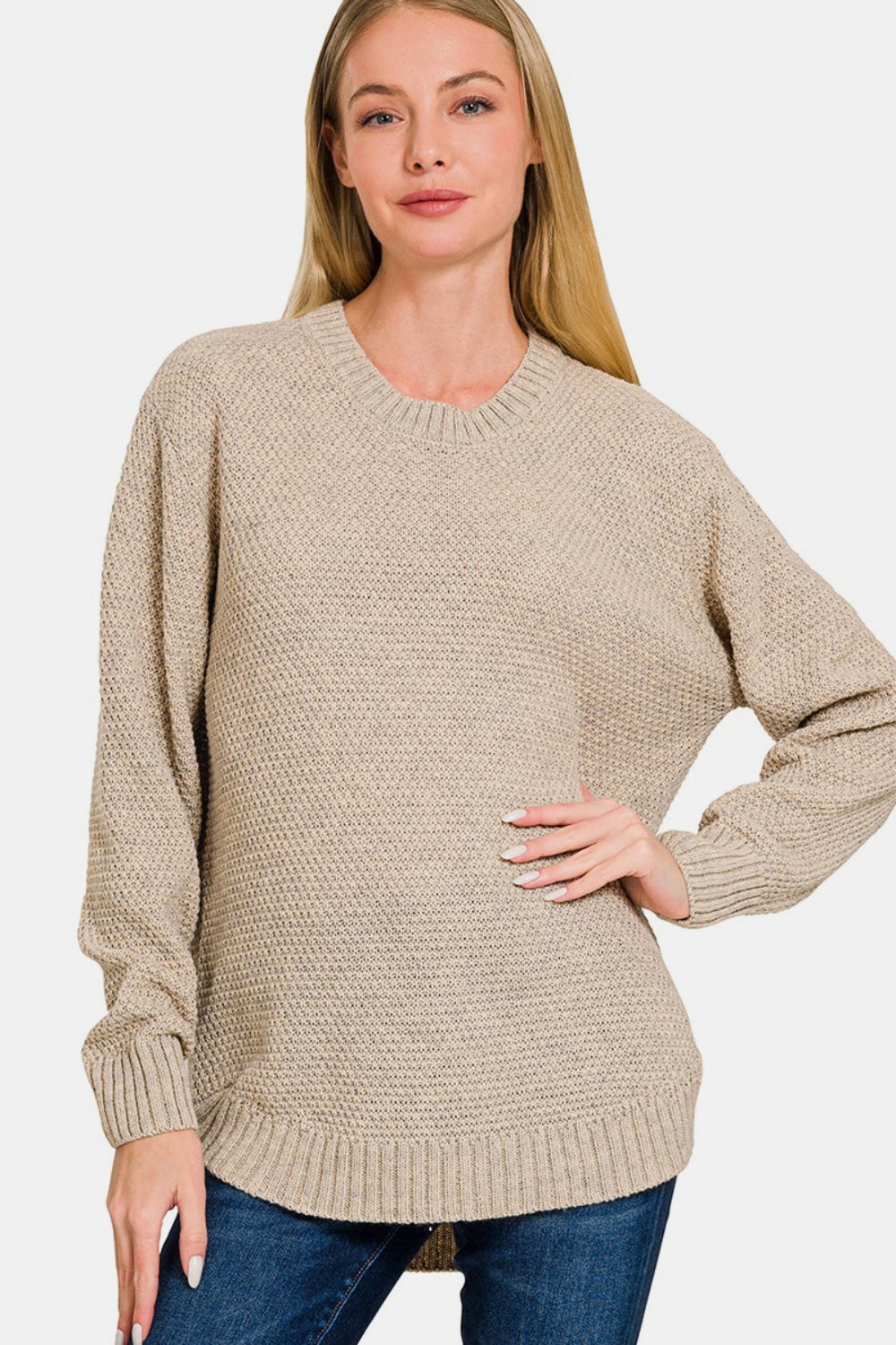 Zenana Ful Size Round Neck Long Sleeve Curved Hem Sweater - S. M. & Co.