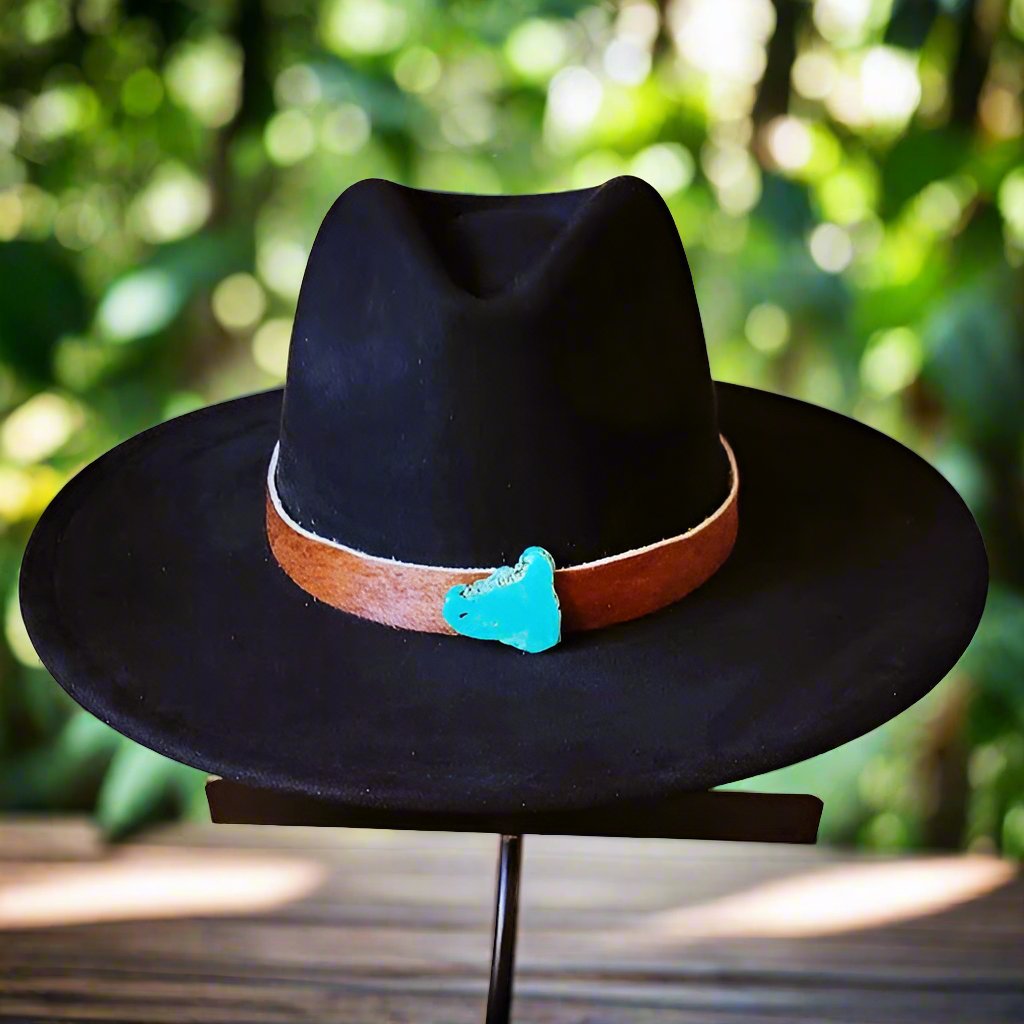 Dark Hide Leather Hat Band Only w/ Turquoise Slab - S. M. & Co. Leather Hat