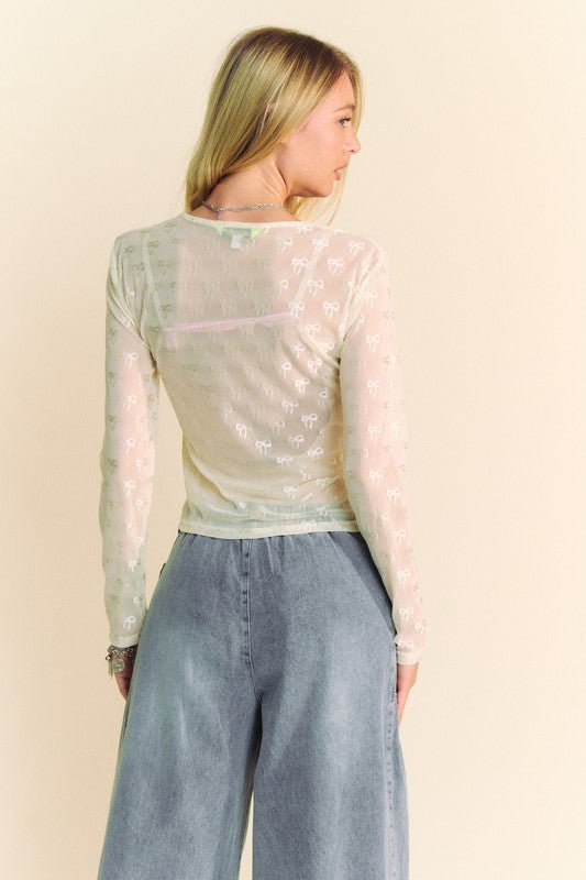 Davi & Dani Bow Mesh Round Neck Long Sleeve Top - S. M. & Co.