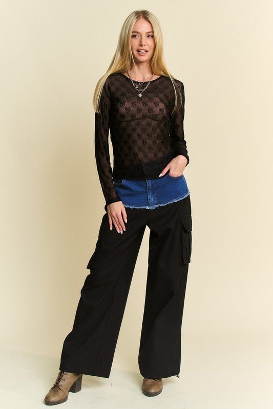 Davi & Dani Bow Mesh Round Neck Long Sleeve Top - S. M. & Co.