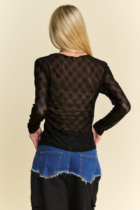 Davi & Dani Bow Mesh Round Neck Long Sleeve Top - S. M. & Co.