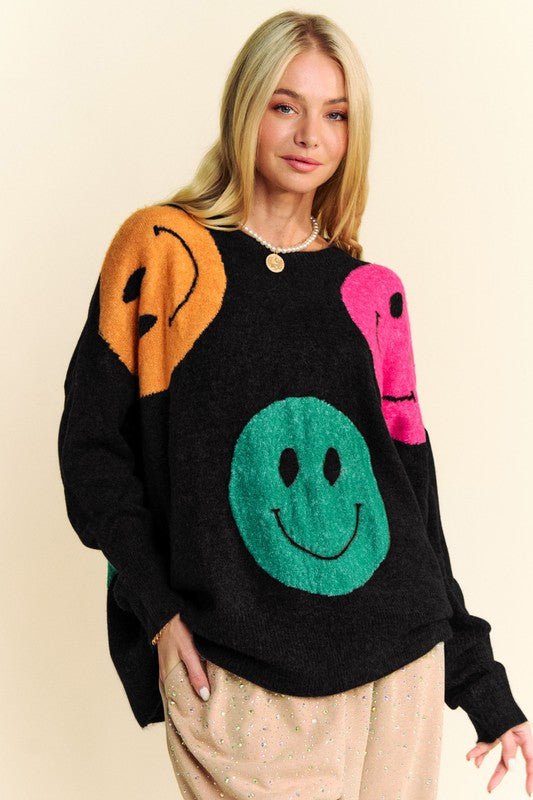 Davi & Dani Contrast Smile Round Neck Oversize Sweater - S. M. & Co.