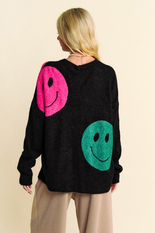 Davi & Dani Contrast Smile Round Neck Oversize Sweater - S. M. & Co.