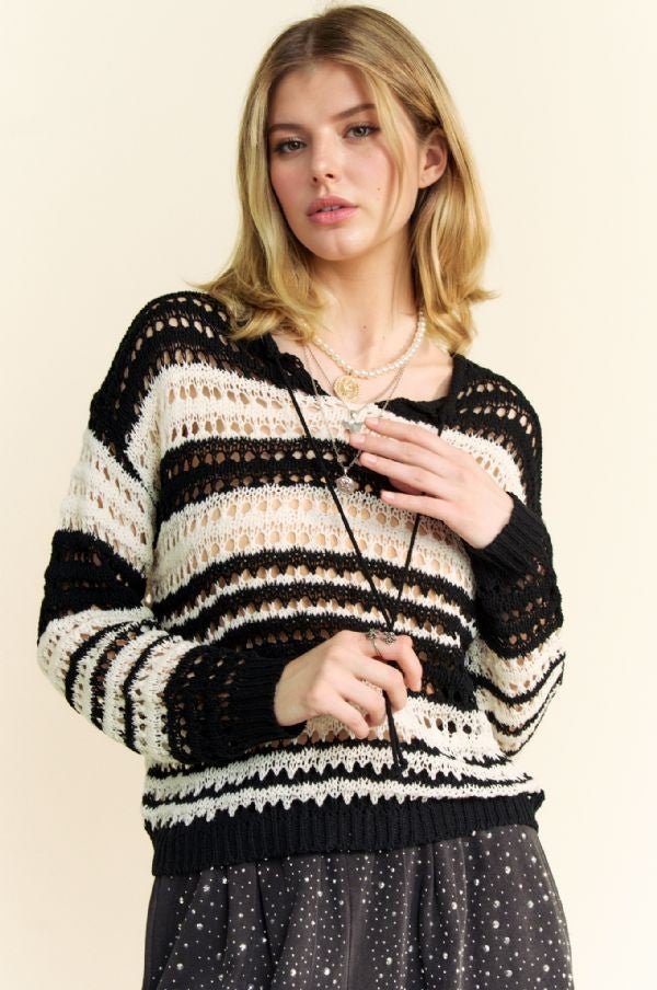 Davi & Dani Contrast Striped Crochet Drop Shoulder Knit Cover Up - S. M. & Co.