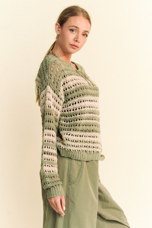 Davi & Dani Contrast Striped Crochet Drop Shoulder Knit Cover Up - S. M. & Co.