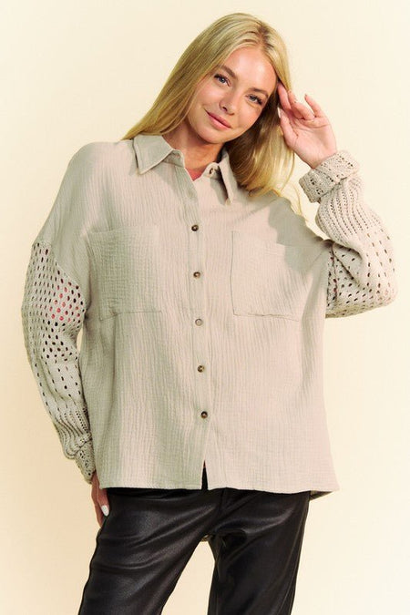 Davi & Dani Crochet Sleeve Crinkled Texture Shirt - S. M. & Co.