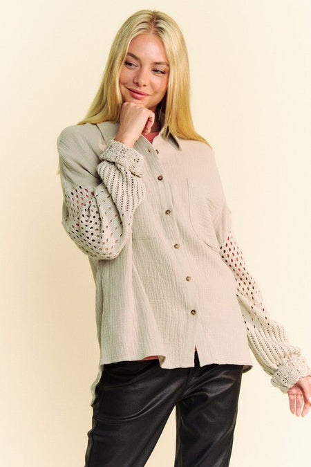 Davi & Dani Crochet Sleeve Crinkled Texture Shirt - S. M. & Co.