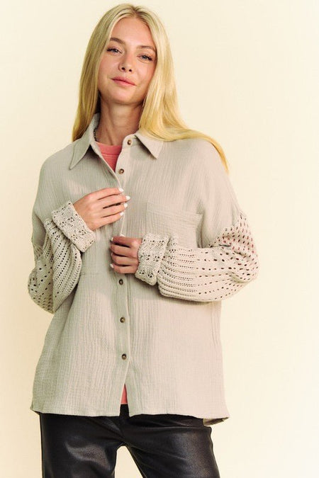 Davi & Dani Crochet Sleeve Crinkled Texture Shirt - S. M. & Co.