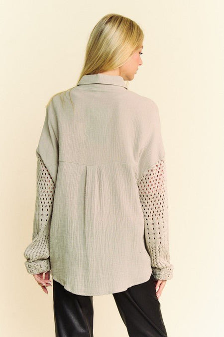 Davi & Dani Crochet Sleeve Crinkled Texture Shirt - S. M. & Co.