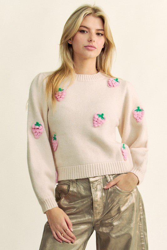 Davi & Dani Crochet Strawberry Round Neck Sweater - S. M. & Co.