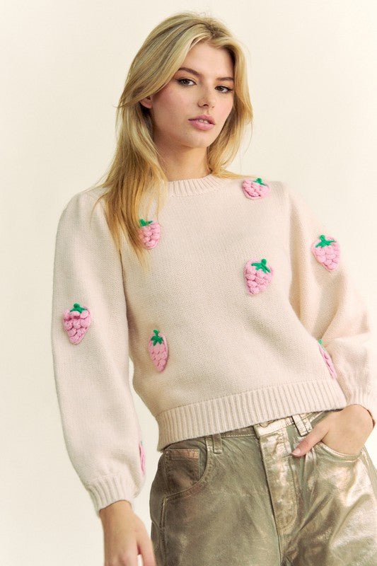 Davi & Dani Crochet Strawberry Round Neck Sweater - S. M. & Co.