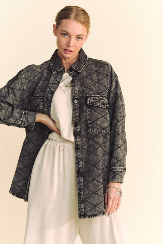 Davi & Dani Curved Hem Diamond Quilted Button Up Denim Shacket - S. M. & Co.