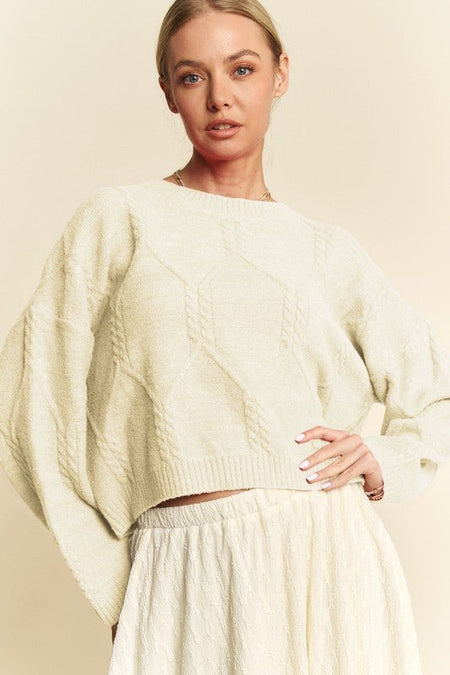 Davi & Dani Diamond Cable Pattern Drop Shoulder Sweater - S. M. & Co.