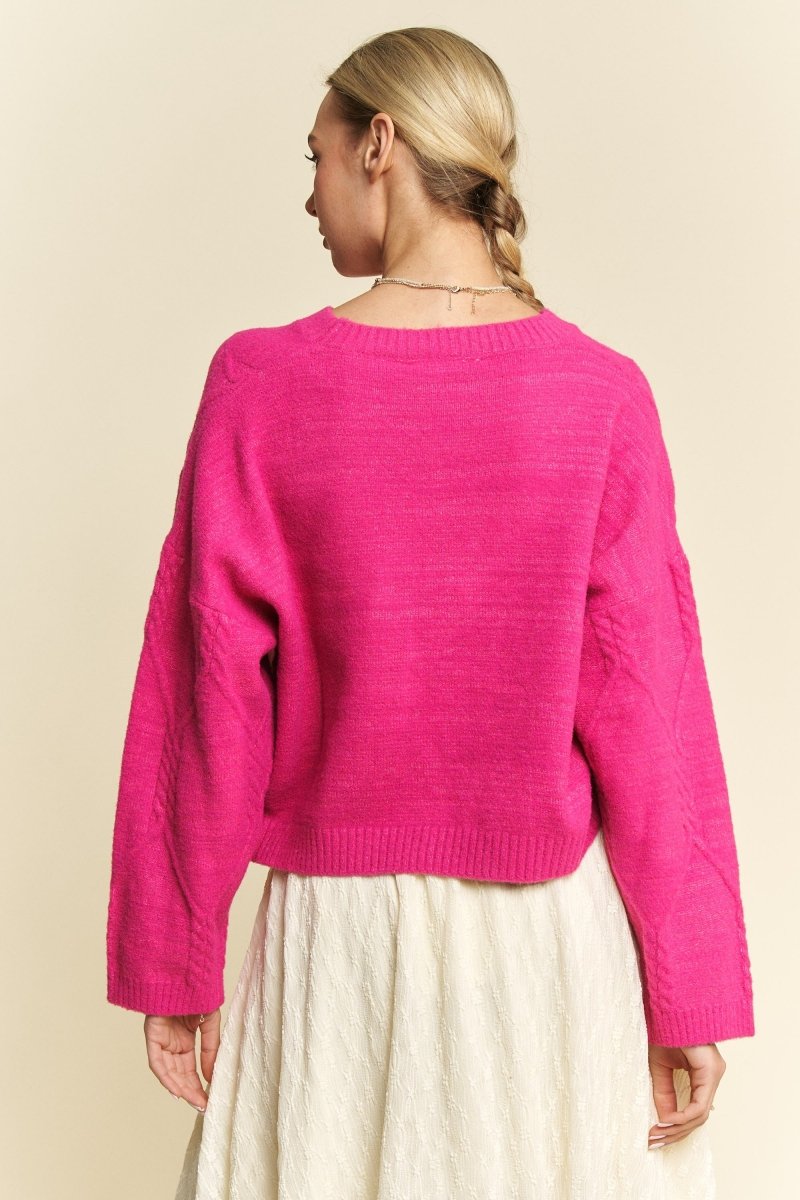 Davi & Dani Diamond Cable Pattern Drop Shoulder Sweater - S. M. & Co.