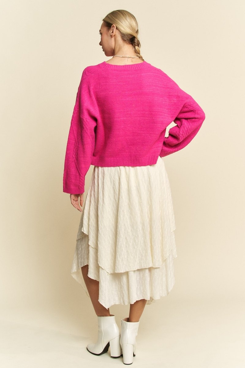 Davi & Dani Diamond Cable Pattern Drop Shoulder Sweater - S. M. & Co.