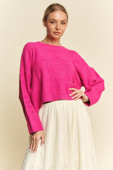 Davi & Dani Diamond Cable Pattern Drop Shoulder Sweater - S. M. & Co.