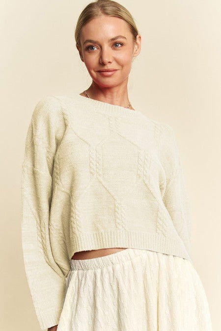 Davi & Dani Diamond Cable Pattern Drop Shoulder Sweater - S. M. & Co.