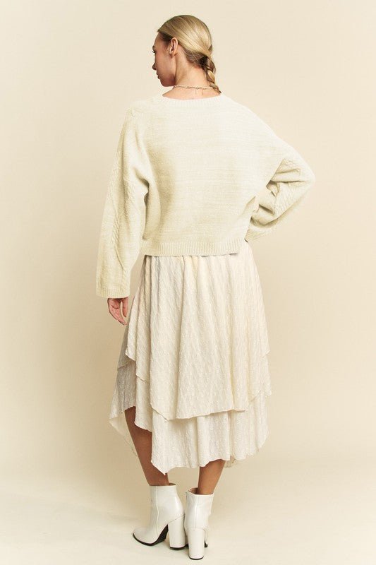 Davi & Dani Diamond Cable Pattern Drop Shoulder Sweater - S. M. & Co.