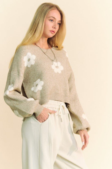 Davi & Dani Floral Drop Shoulder Cropped Sweater - S. M. & Co.