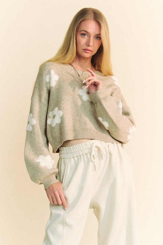 Davi & Dani Floral Drop Shoulder Cropped Sweater - S. M. & Co.