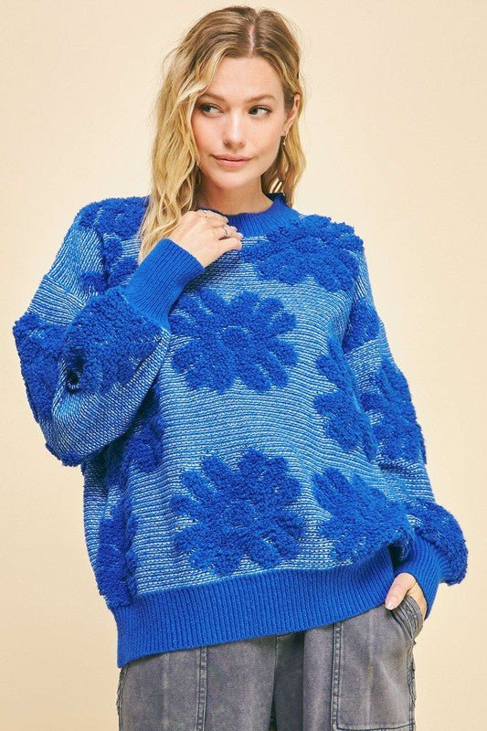 Davi & Dani Flower Texture Round Neck Dropped Shoulder Sweater - S. M. & Co.