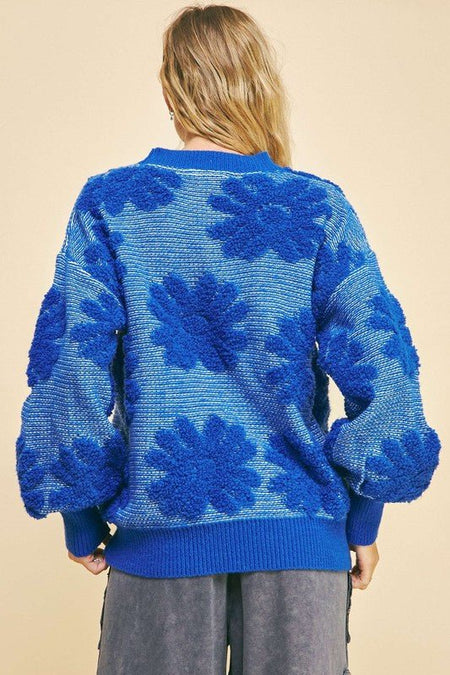 Davi & Dani Flower Texture Round Neck Dropped Shoulder Sweater - S. M. & Co.