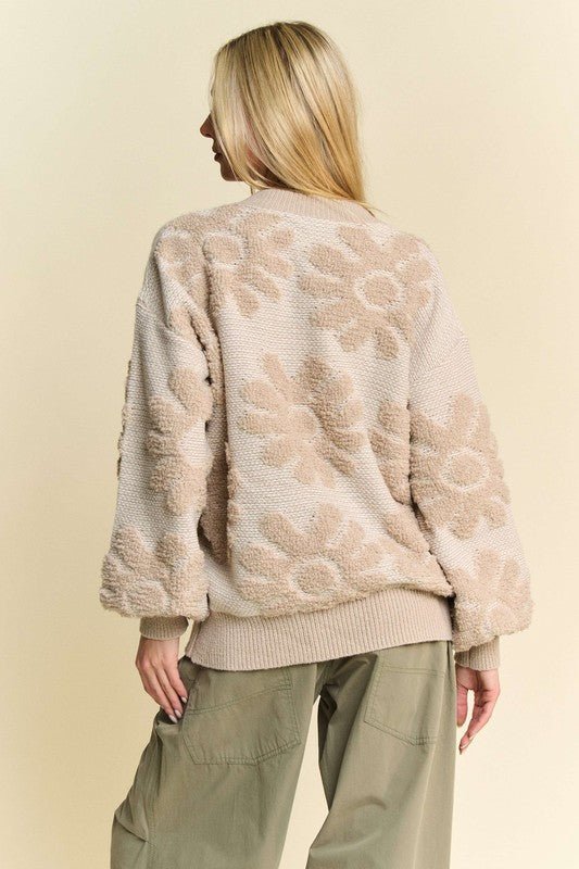 Davi & Dani Flower Texture Round Neck Dropped Shoulder Sweater - S. M. & Co.