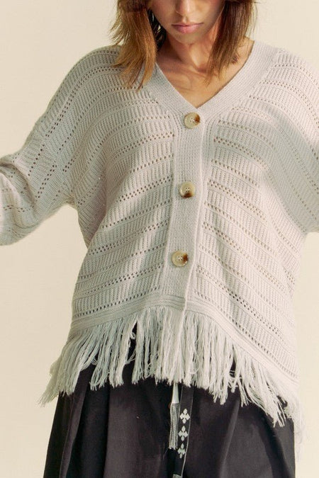 Davi & Dani Fringe V - Neck Button Up Long Sleeve Cardigan - S. M. & Co.