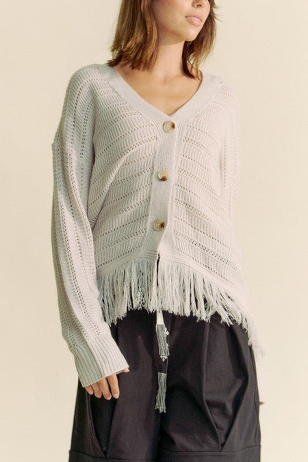 Davi & Dani Fringe V - Neck Button Up Long Sleeve Cardigan - S. M. & Co.