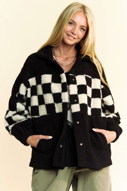 Davi & Dani Full Size Checkered Snap Down Faux Fur Jacket - S. M. & Co.