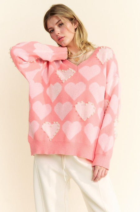 Davi & Dani Heart Pearl Side Slit V Neck Sweater - S. M. & Co.