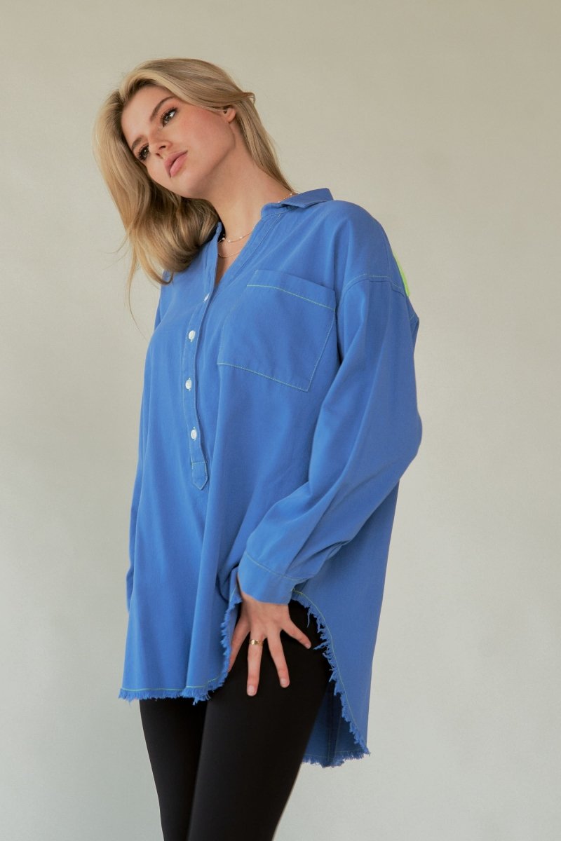 Davi & Dani Letter Back Raw Hem Half Button Shirt - S. M. & Co.