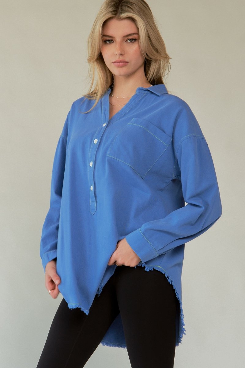 Davi & Dani Letter Back Raw Hem Half Button Shirt - S. M. & Co.