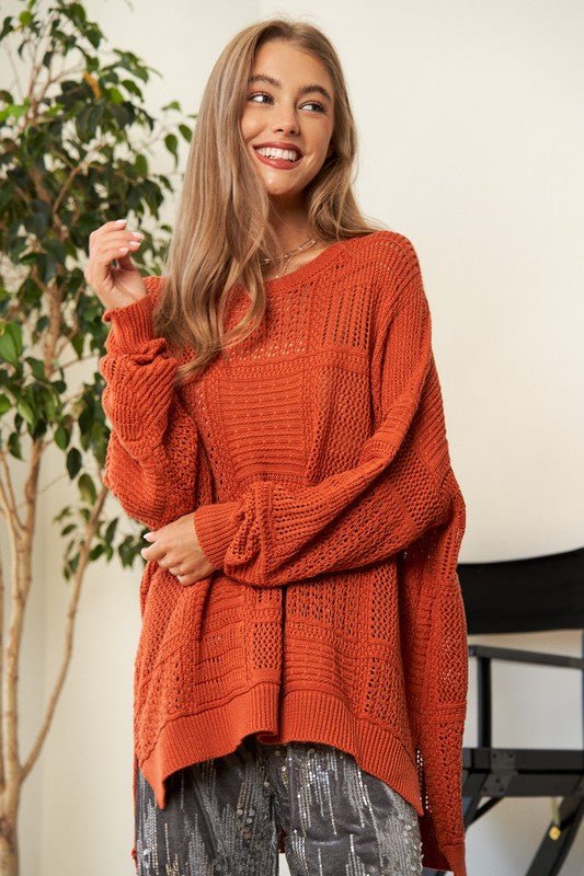 Davi & Dani Openwork Side Slit Drop Shoulder Knit Cover Up - S. M. & Co.