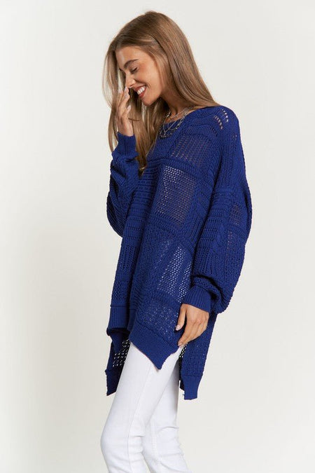 Davi & Dani Openwork Side Slit Drop Shoulder Knit Cover Up - S. M. & Co.