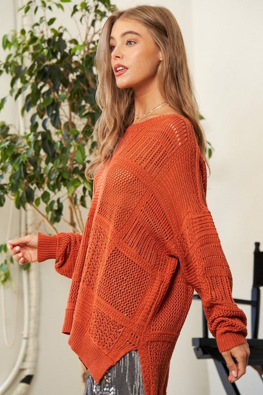 Davi & Dani Openwork Side Slit Drop Shoulder Knit Cover Up - S. M. & Co.