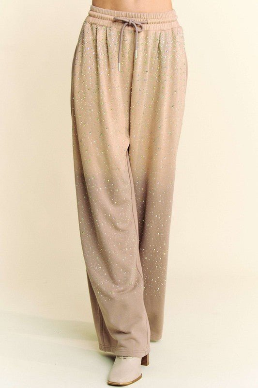 Davi & Dani Rhinestone Drawstring Wide Leg Pants - S. M. & Co.