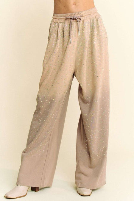 Davi & Dani Rhinestone Drawstring Wide Leg Pants - S. M. & Co.