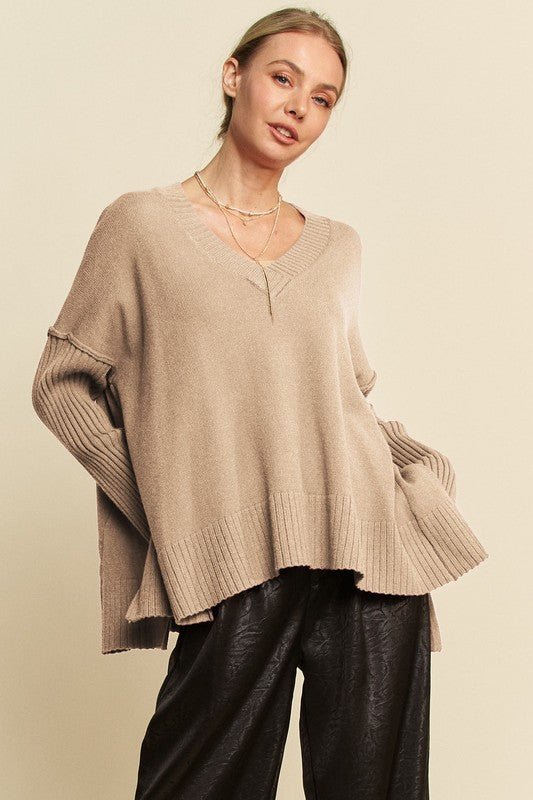 Davi & Dani Ribbed Side Slit V - Neck Sweater - S. M. & Co.