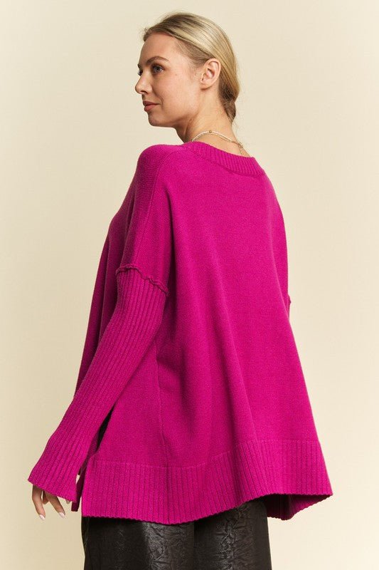 Davi & Dani Ribbed Side Slit V - Neck Sweater - S. M. & Co.