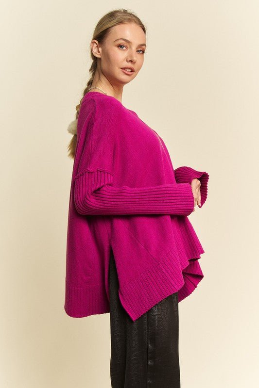 Davi & Dani Ribbed Side Slit V - Neck Sweater - S. M. & Co.