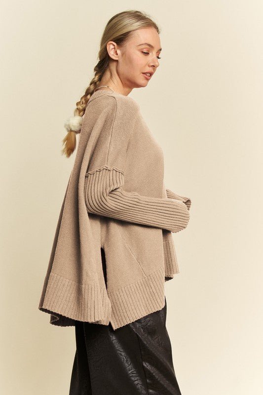 Davi & Dani Ribbed Side Slit V - Neck Sweater - S. M. & Co.